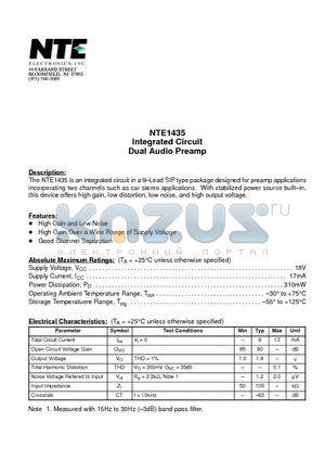 NTE1435 datasheet - Integrated Circuit Dual Audio Preamp