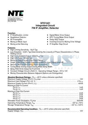 NTE1441 datasheet - Integrated Circuit FM IF Amplifier, Detector