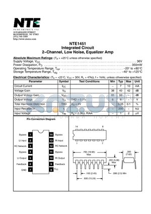 NTE1451 datasheet - Integrated Circuit 2−Channel, Low Noise, Equalizer Amp