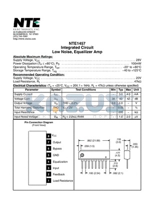 NTE1457 datasheet - Integrated Circuit Low Noise, Equailizer Amp