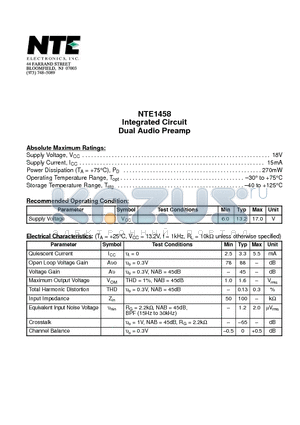 NTE1458 datasheet - Integrated Circuit Dual Audio Preamp