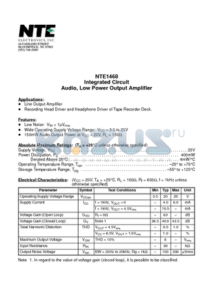 NTE1468 datasheet - Integrated Circuit Audio, Low Power Output Amplifier