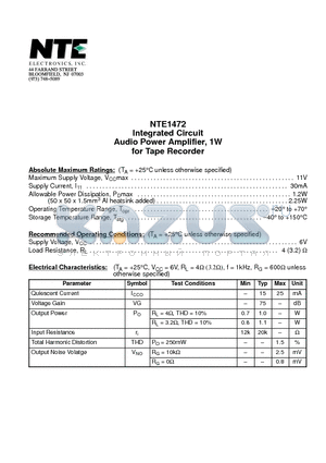 NTE1472 datasheet - Integrated Circuit Audio Power Amplifier, 1W for Tape Recorder