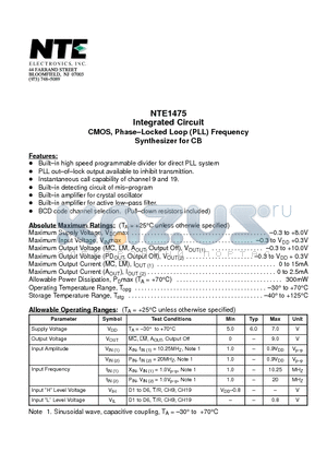 NTE1475 datasheet - Integrated Circuit CMOS, Phase-Locked Loop (PLL) Frequency Synthesizer for CB