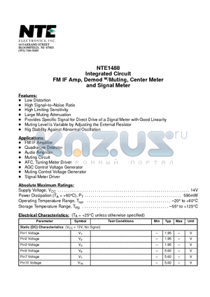 NTE1488 datasheet - Integrated Circuit FM IF Amp, Demod w/Muting, Center Meter and Signal Meter