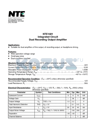 NTE1481 datasheet - Integrated Circuit Dual Recording Output Amplifier