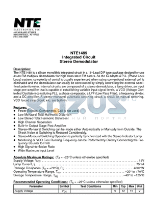 NTE1489 datasheet - Integrated Circuit Stereo Demodulator