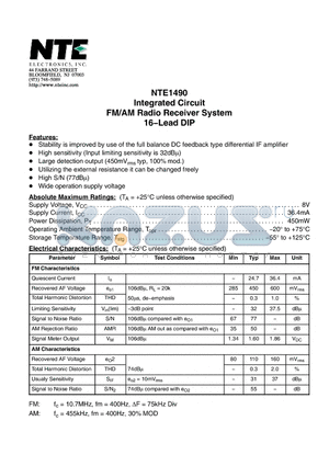 NTE1490 datasheet - Integrated Circuit FM/AM Radio Receiver System 16−Lead DIP