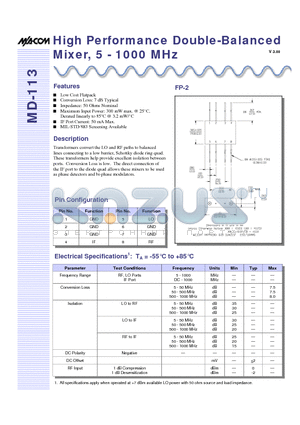 MD-113PIN datasheet - High Performance Double-Balanced Mixer, 5 - 1000 MHz