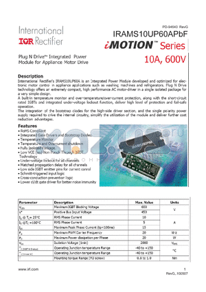 IRAMS10UP60APBF datasheet - Plug N Drive Integrated Power Module for Appliance Motor Drive