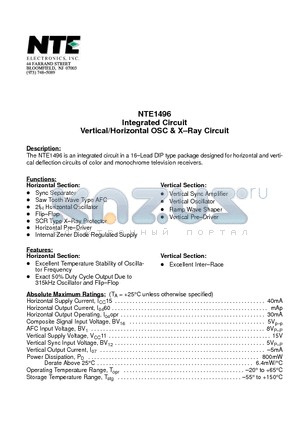 NTE1496 datasheet - Integrated Circuit Vertical/Horizontal OSC & X-Ray Circuit