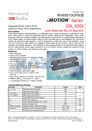 IRAMS10UP60B datasheet - INTEGRATED POWER HYBRID IC FOR APPLIANCE MOTOR DRIVE APPLICATIONS