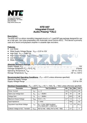 NTE1497 datasheet - Integrated Circuit Audio Preamp w/ALC