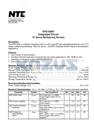 NTE15007 datasheet - Integrated Circuit TV Stereo Multiplexing Decoder