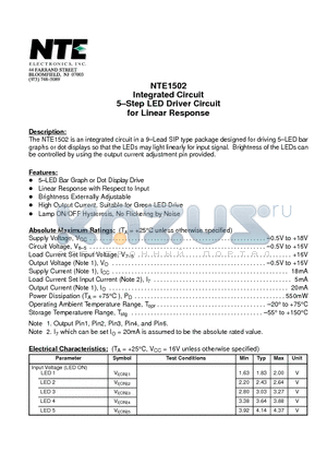 NTE1502 datasheet - Integrated Circuit 5-Step LED Driver Circuit for Linear Response