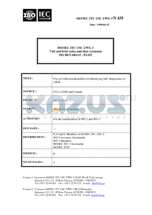 N435 datasheet - ISO/IEC JTC 1/SIC 2/WG 3 7-bit and 8-bit codes and their extension SECRETARIAT : ELOT