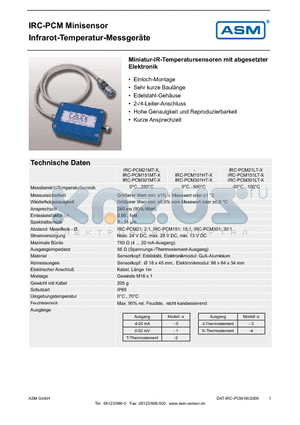 IRC-PCM151HT-X datasheet - Miniatur-IR-Temperatursensoren mit abgesetzter Elektronik