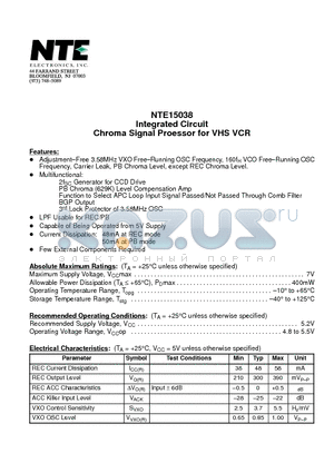 NTE15038 datasheet - Integrated Circuit Chroma Signal Proessor for VHS VCR