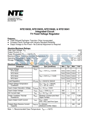 NTE15040 datasheet - Integrated Circuit TV Fixed Voltage Regulator