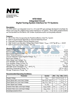 NTE15042 datasheet - Integrated Circuit Digital Tuning System Interface for TV Systems