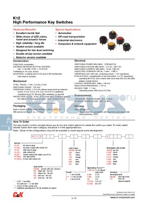 K12ABK12.5NL3061R datasheet - High Performance Key Switches