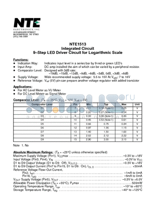 NTE1513 datasheet - Integrated Circuit 9-Step LED Driver Circuit for Logarithmic Scale