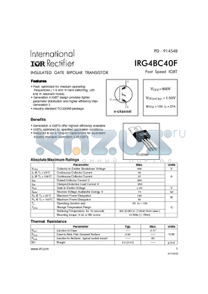 IRC4BC40F datasheet - INSULATED GATE BIPOLAR TRANSISTOR