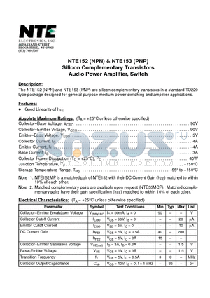 NTE152 datasheet - Silicon Complementary Transistors Audio Power Amplifier, Switch