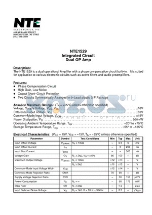 NTE1529 datasheet - Integrated Circuit Dual OP Amp