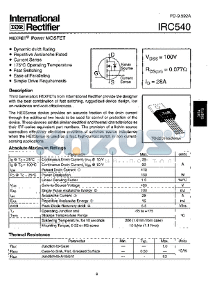 IRC540 datasheet - Power MOSFET(Vdss=100V, Rds(on)=0.077ohm, Id=28A)