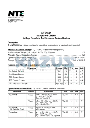 NTE1531 datasheet - Integrated Circuit Voltage Regulator for Electronic Tuning System