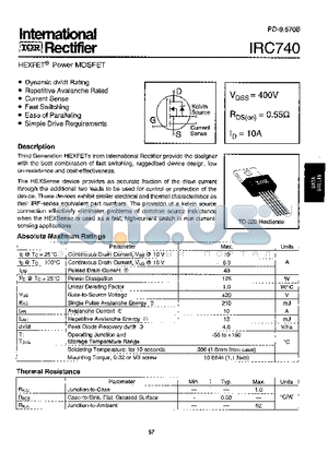 IRC740 datasheet - Power MOSFET(Vdss=400V, Rds(on)=0.55ohm, Id=10A)