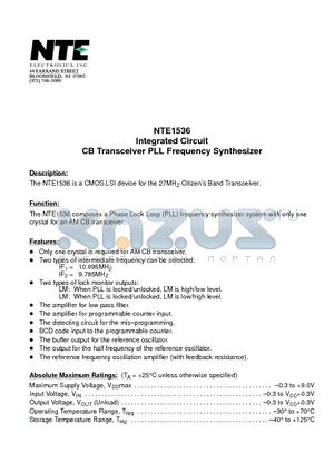 NTE1536 datasheet - Integrated Circuit CB Transceiver PLL Frequency Synthesizer