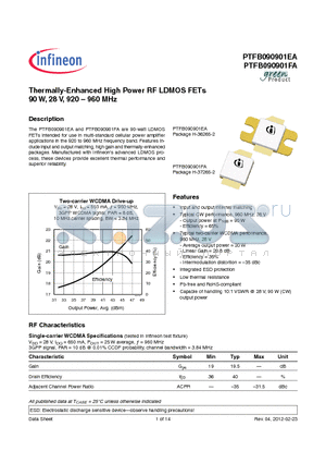 PTFB090901FA datasheet - Thermally-Enhanced High Power RF LDMOS FETs 90 W, 28 V, 920 . 960 MHz