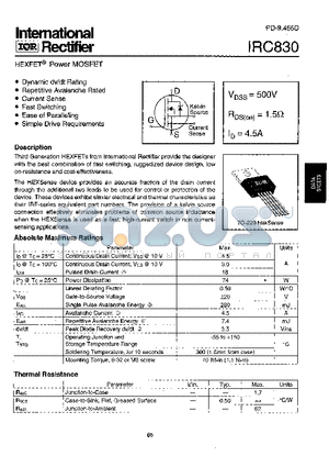 IRC830 datasheet - Power MOSFET(Vdss=500V, Rds(on)=1.5ohm, Id=4.5A)