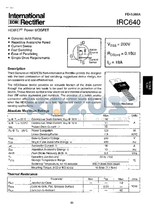 IRC640 datasheet - Power MOSFET(Vdss=200V, Rds(on)=0.18ohm, Id=18A)