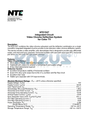 NTE1547 datasheet - Integrated Circuit Video Chroma Deflection System for Color TV