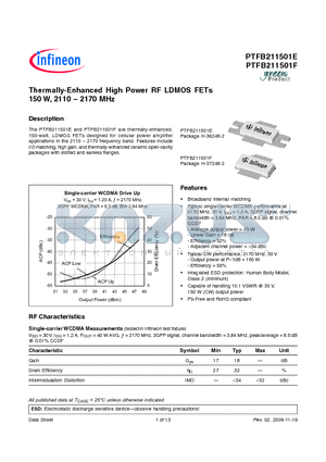 PTFB211501E datasheet - Thermally-Enhanced High Power RF LDMOS FETs 150 W, 2110  2170 MHz