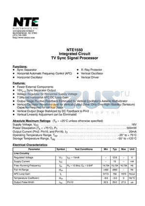 NTE1550 datasheet - Integrated Circuit TV Sync Signal Processor