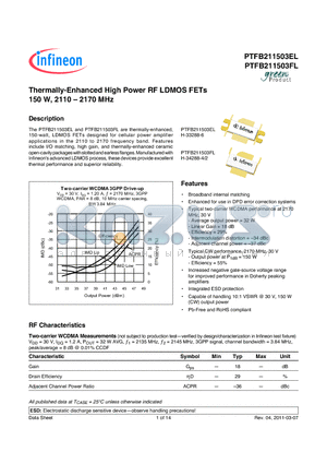 PTFB211503FL datasheet - Thermally-Enhanced High Power RF LDMOS FETs 150 W, 2110  2170 MHz