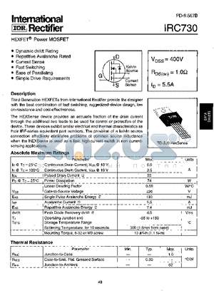 IRC730 datasheet - Power MOSFET(Vdss=400V, Rds(on)=1.0ohm, Id=5.5A)