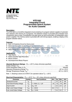NTE1562 datasheet - Integrated Circuit Programmable Search System for Audio Cassette