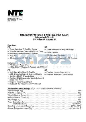 NTE1572 datasheet - Integrated Circuit TV Video IF, Sound IF