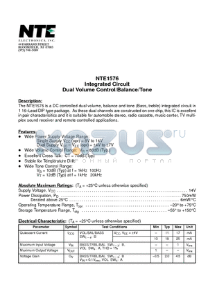 NTE1576 datasheet - Integrated Circuit Dual Volume Control/Balance/Tone