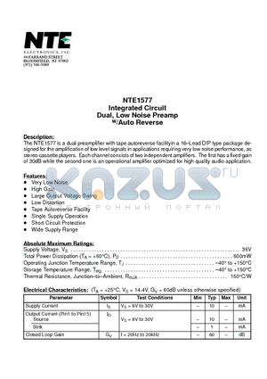 NTE1577 datasheet - Integrated Circuit Dual, Low Noise Preamp w/Auto Reverse