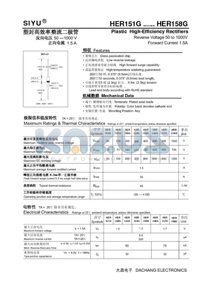HER155G datasheet - Plastic High-Efficiency Rectifiers Reverse Voltage 50 to 1000V Forward Current 1.5A