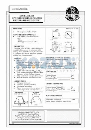 MOC8020 datasheet - NON BASE LEAD OPTICALLY COUPLED ISOLATOR PHOTODARLINGTON OUTPUT