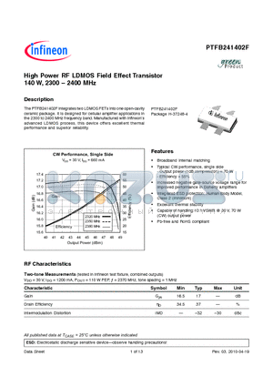 PTFB241402F datasheet - High Power RF LDMOS Field Effect Transistor 140 W, 2300  2400 MHz