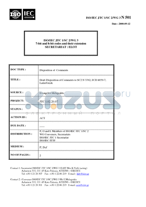 N501 datasheet - ISO/IEC JTC 1/SIC 2/WG 3 7-bit and 8-bit codes and their extension SECRETARIAT : ELOT