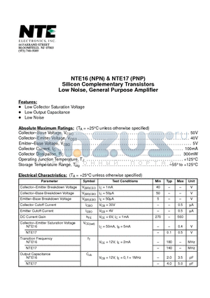 NTE16 datasheet - Silicon Complementary Transistors Low Noise, General Purpose Amplifier